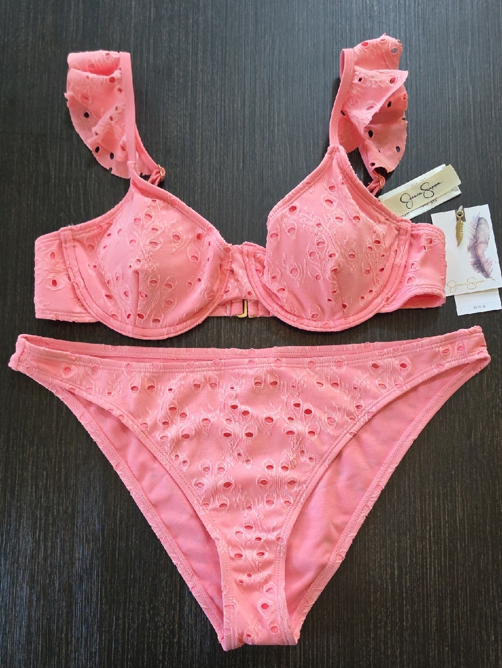 NWT Jessica Simpson Pink Eyelet Bikini with Ruffle Straps